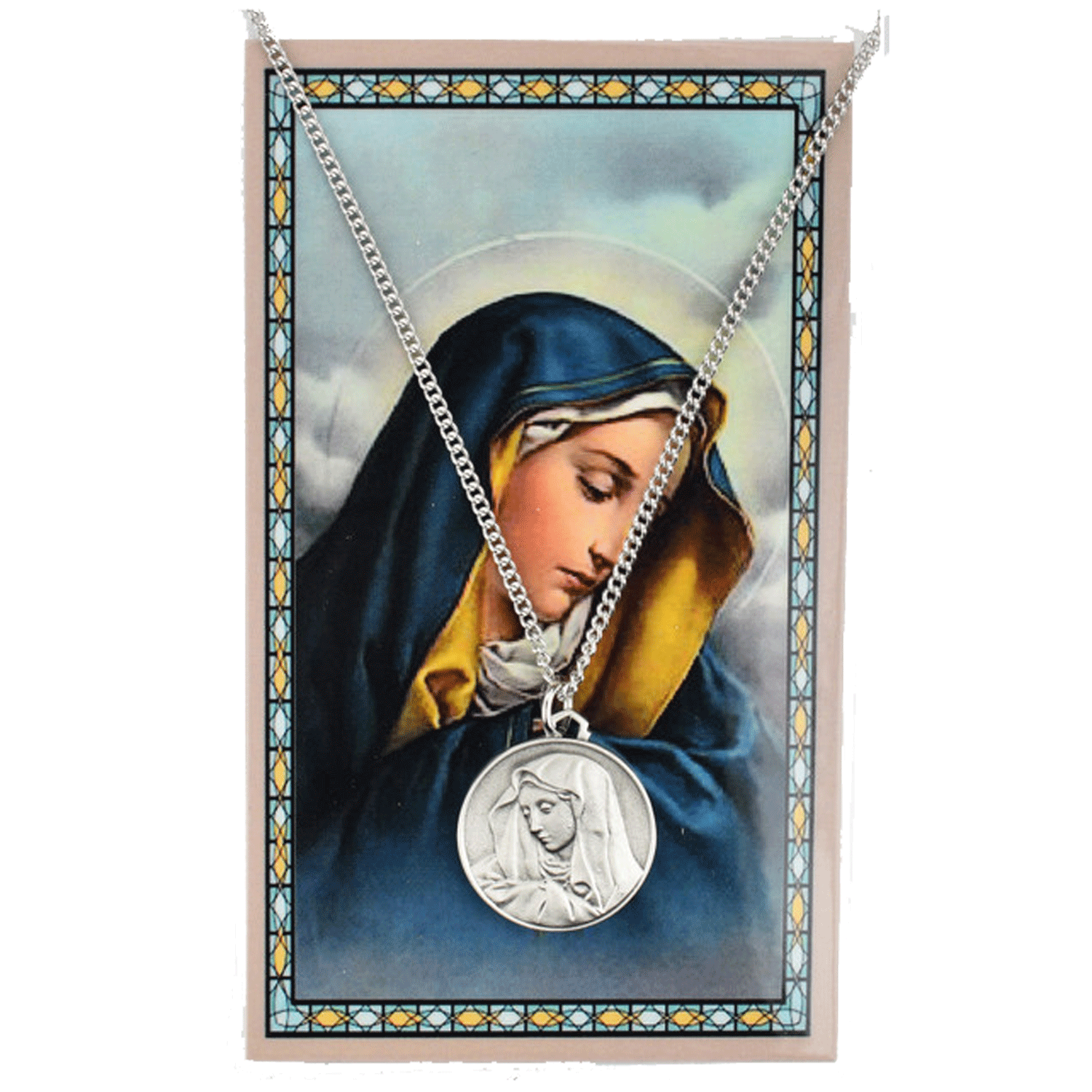 Pewter Our Lady of Sorrows Medal and Prayer Card