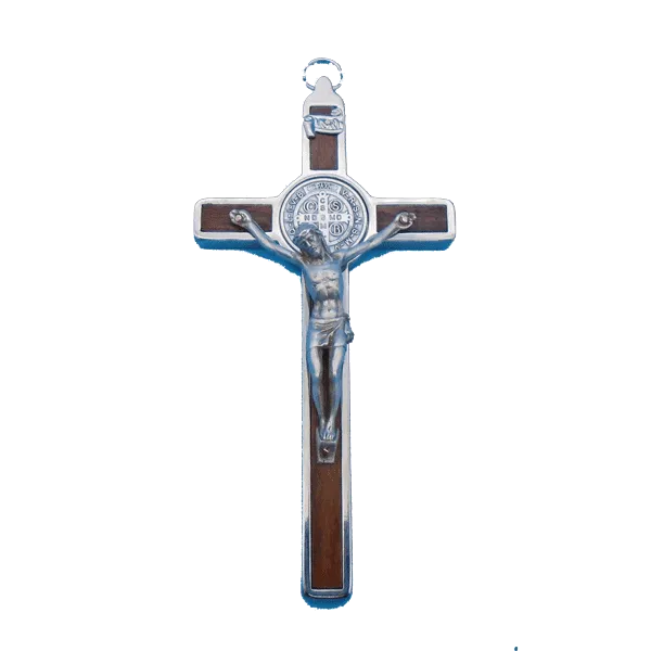 Medium 4.5" Saint Benedict Crucifix, Metal and Wood Inlay