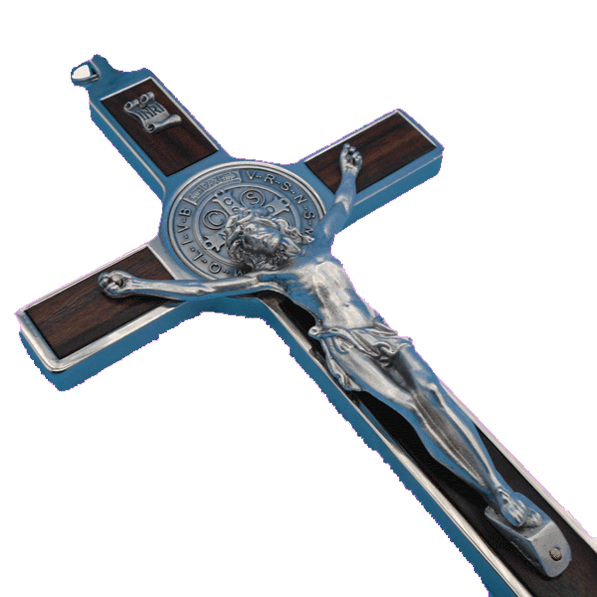 Medium 4.5" Saint Benedict Crucifix, Metal and Wood Inlay - Image 3