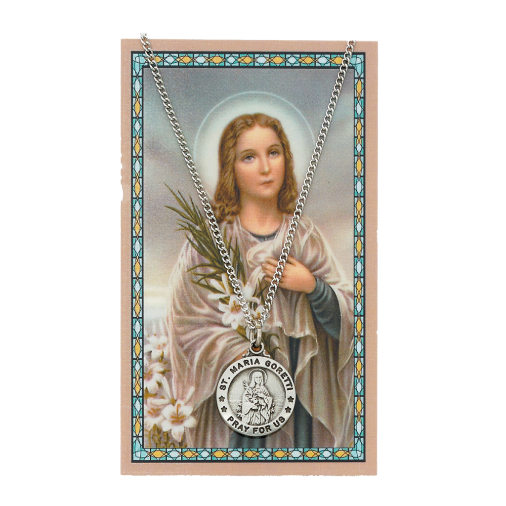 Pewter St. Maria Goretti Medal and Prayer Card Our Lady of Clear